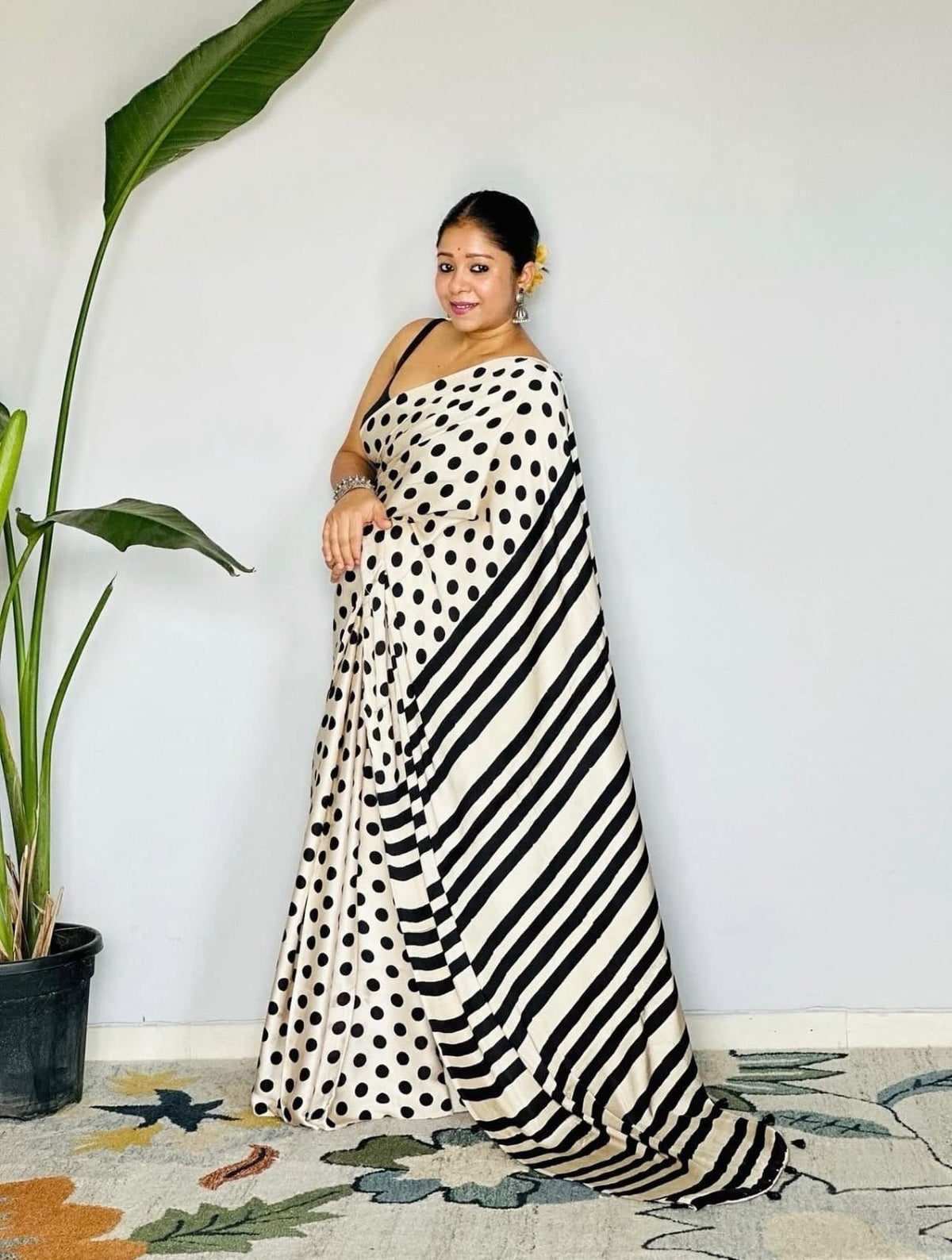 Black & White Polka Dot Semi Modal Silk Saree