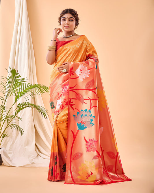 Kesari Gold Phool Baag Tissue Paithani