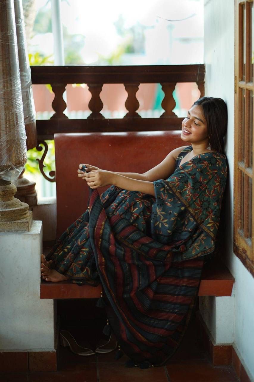 Teal Floral Cotton Saree