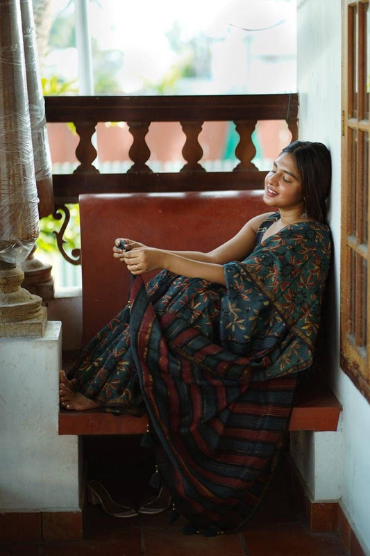 Teal Floral Cotton Saree