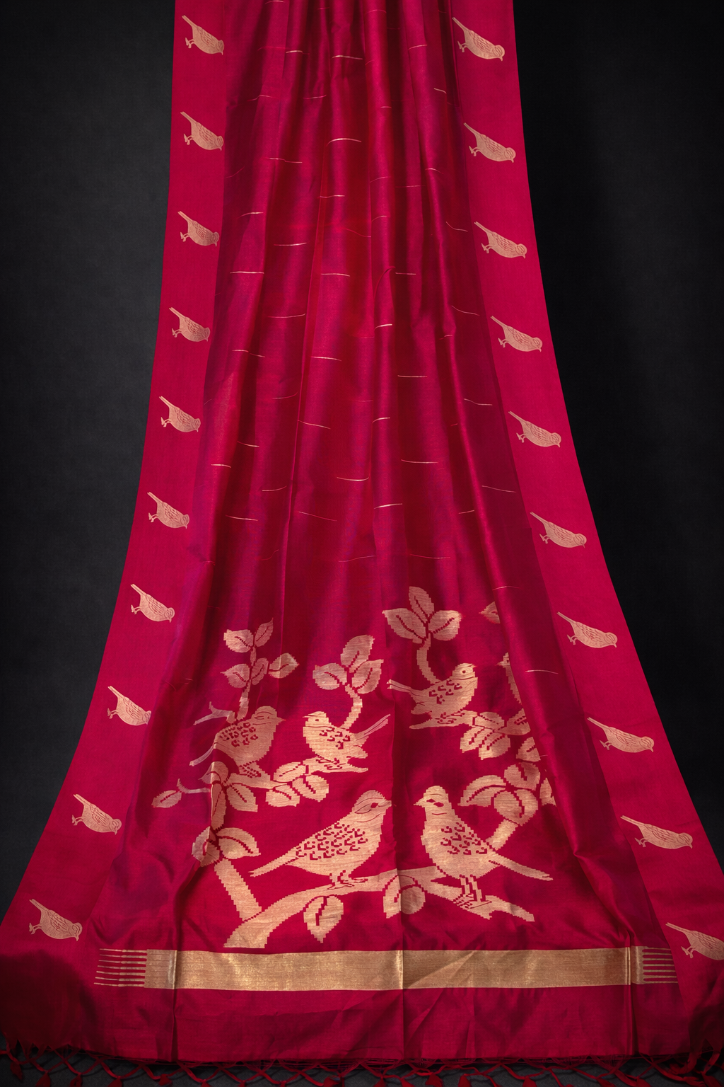 Rani Pink Semi Tussar Silk Saree with Satin Border & Chidya Design