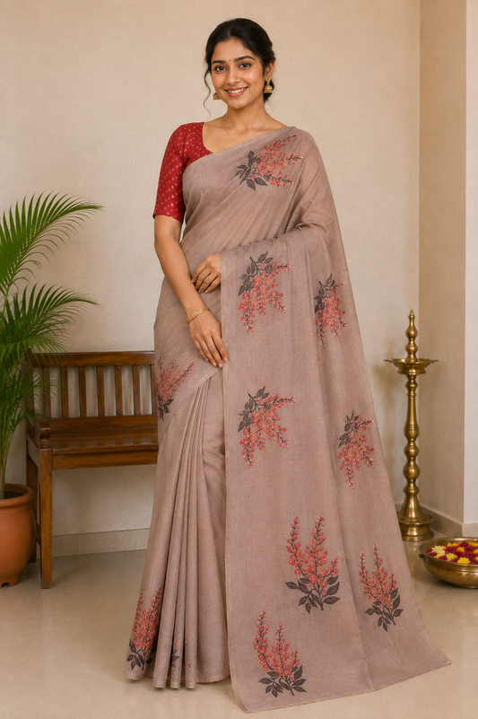 Mushroom Maroon Muga Cotton Silk