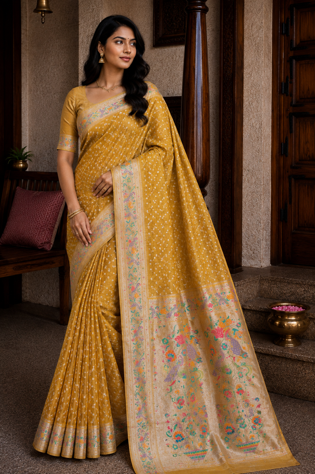 Antique Mustard Bandhej Paithani