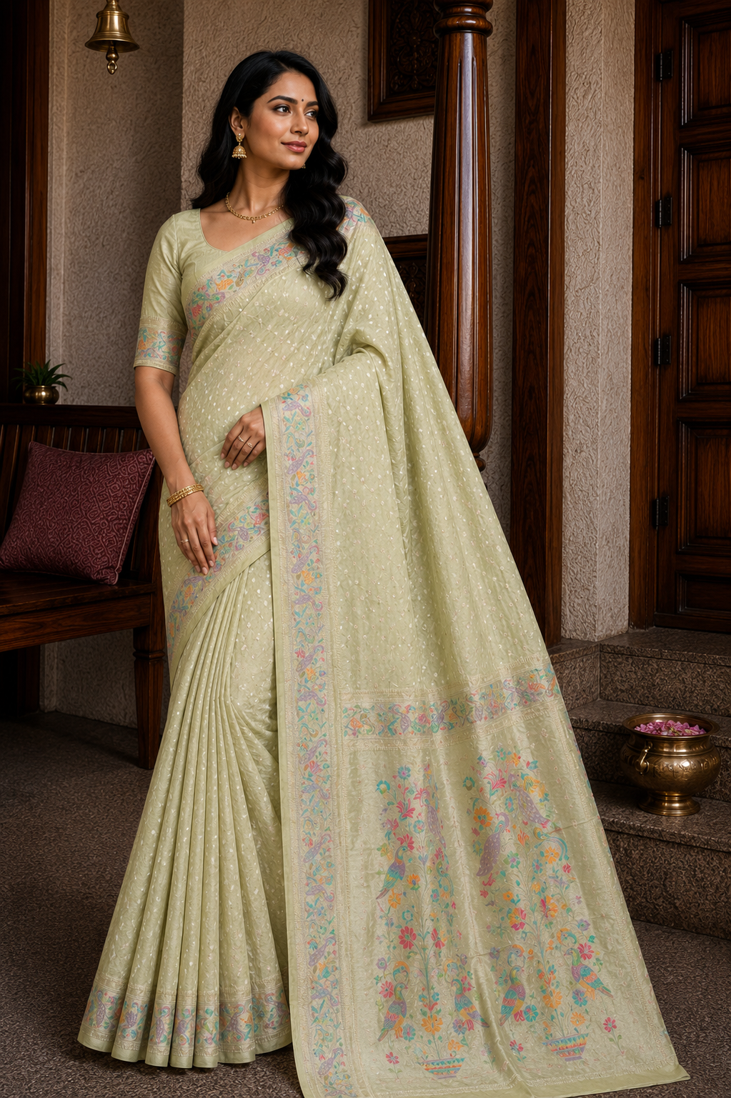 Pastel Pista  Bandhej Paithani