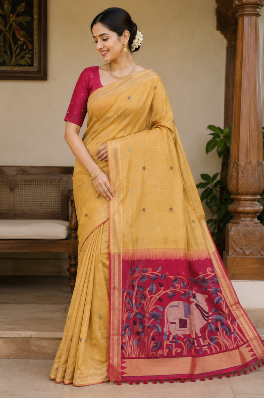 Mustard Munga Cotton Paithani