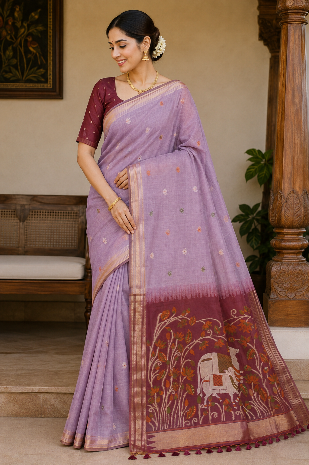 Lavender Munga Cotton Paithani
