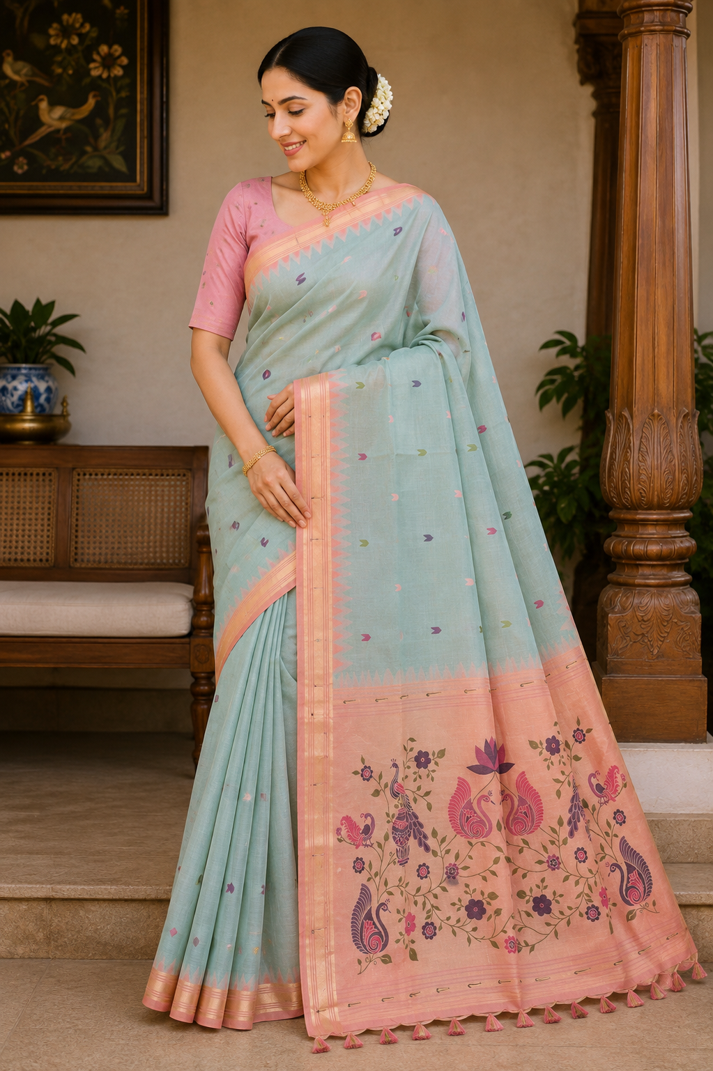 Aqua Mint Munga Cotton Paithani
