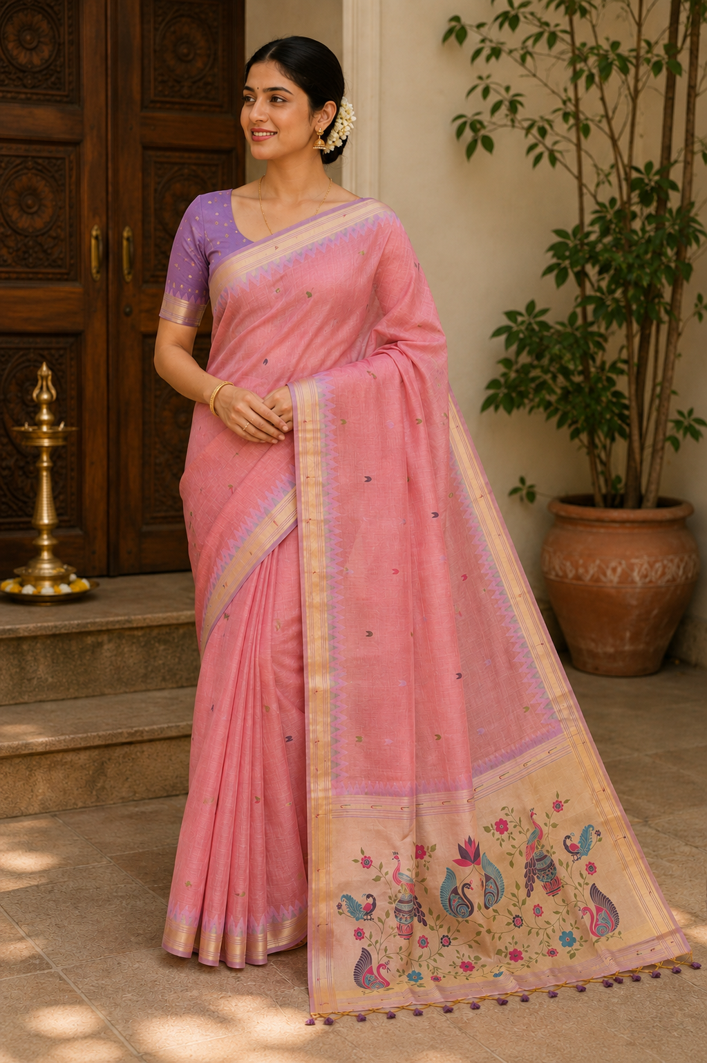 Baby Pink  Munga Cotton Paithani