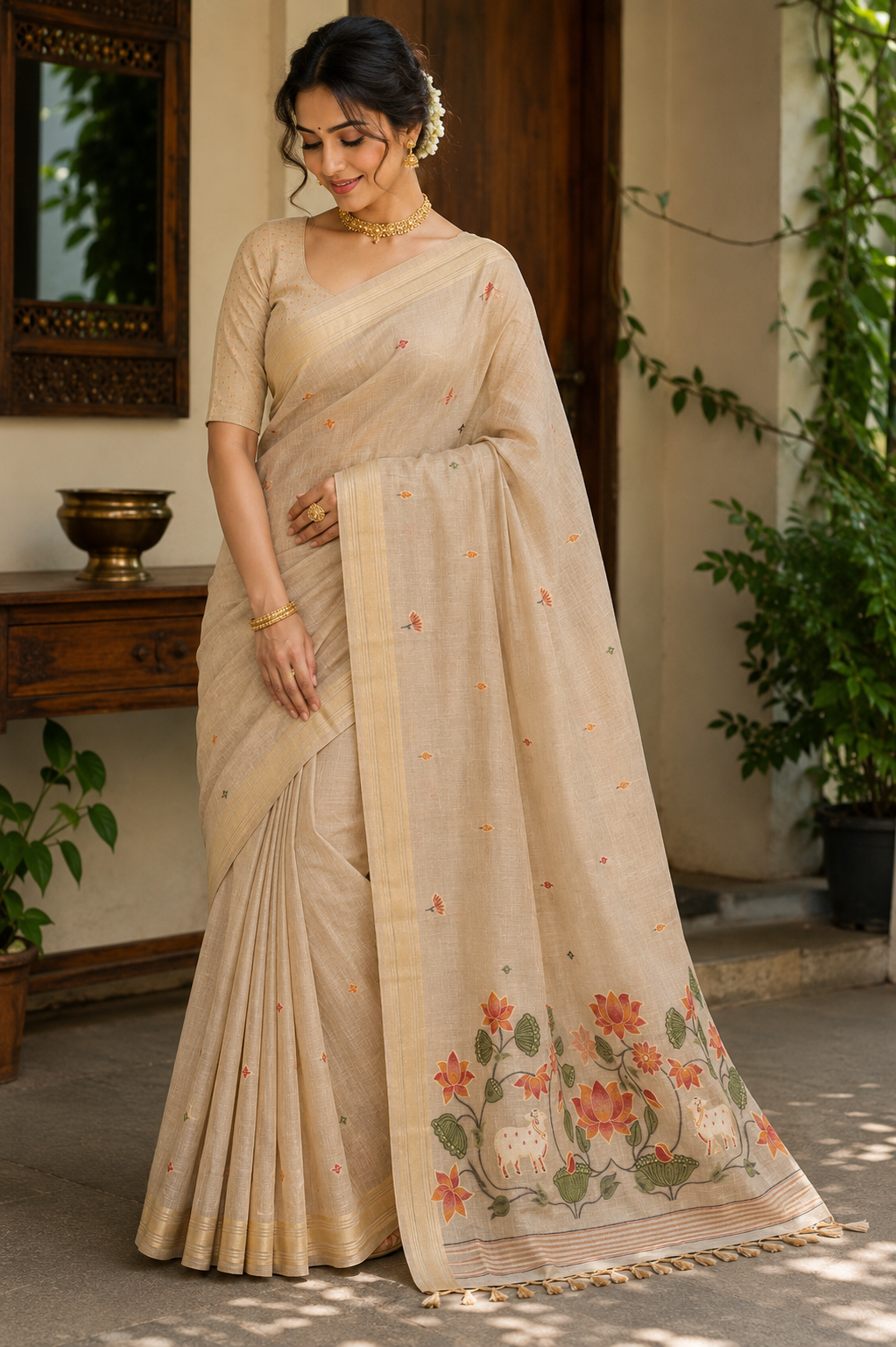 Beige Tissue Linen Paithani