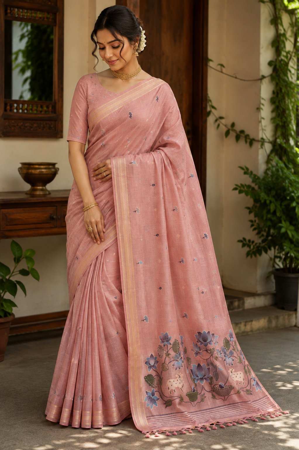 Pink Tissue Linen Paithani