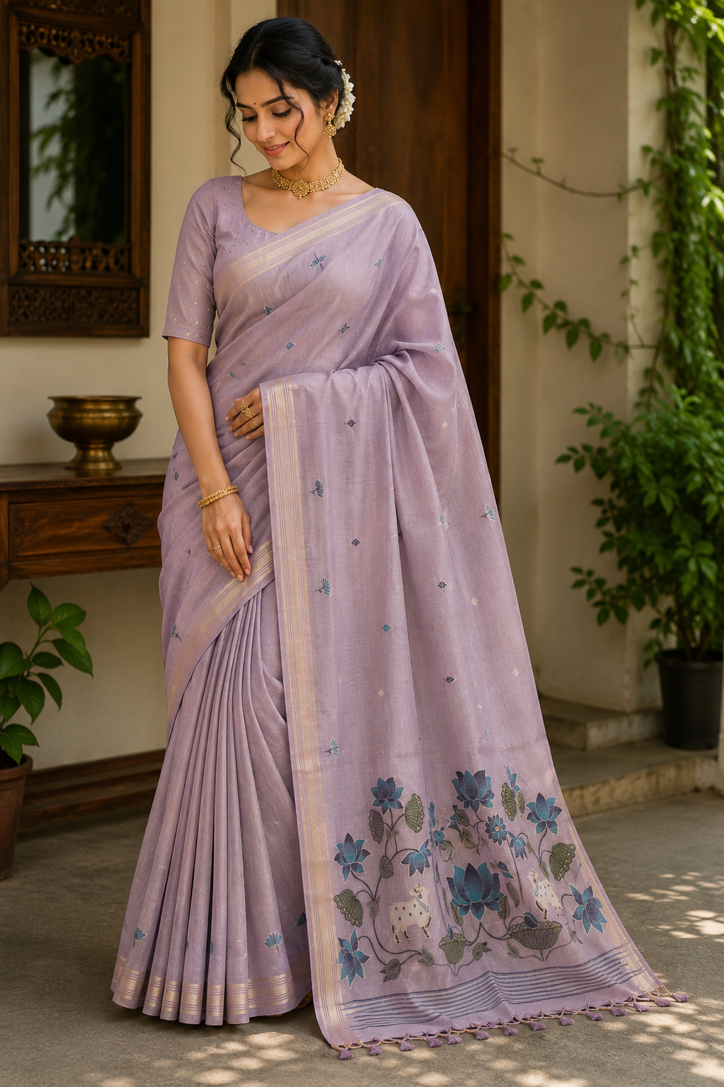Lavender Tissue Linen Paithani