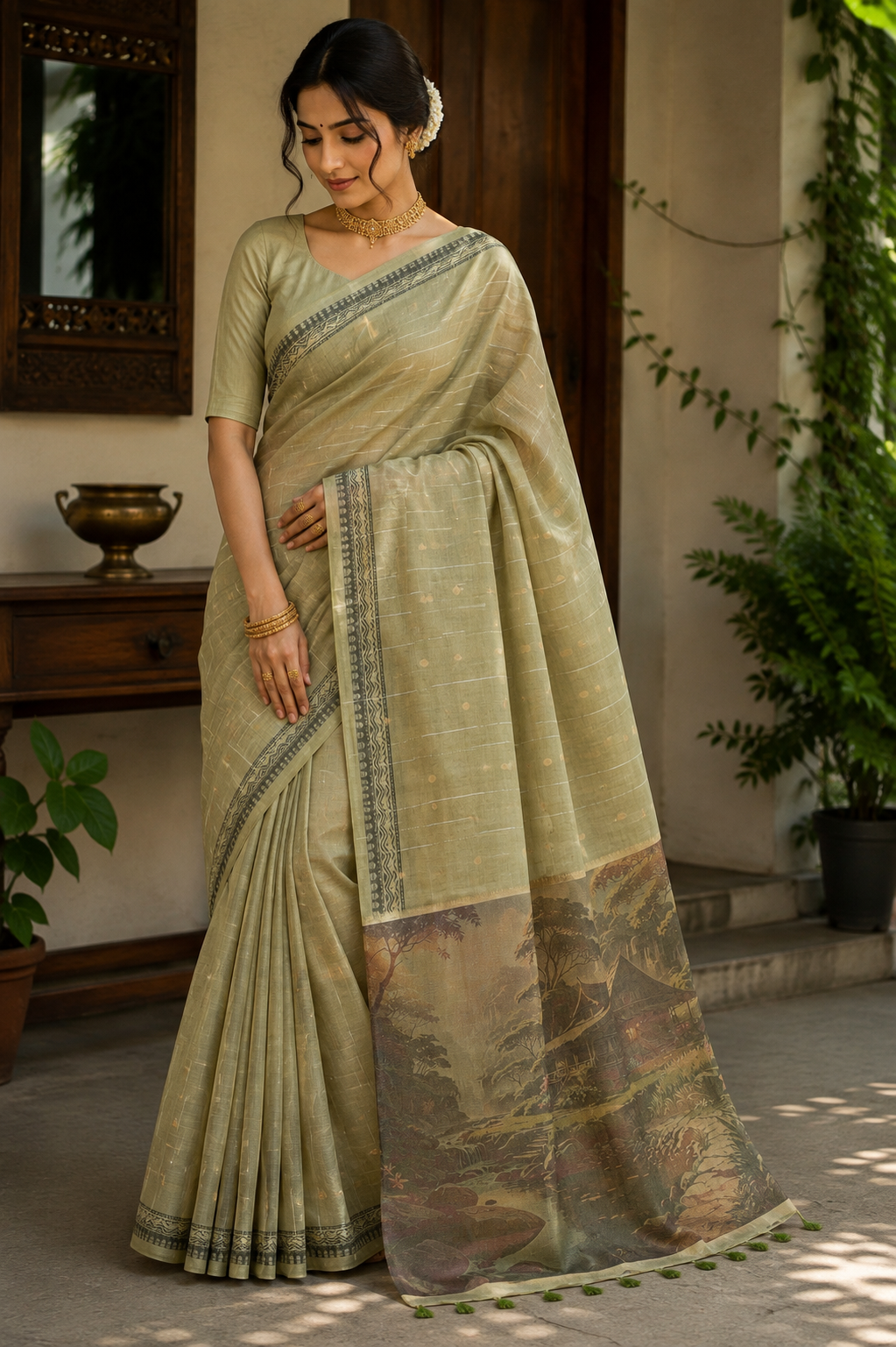 Olive Meadow Art Tussar Linen