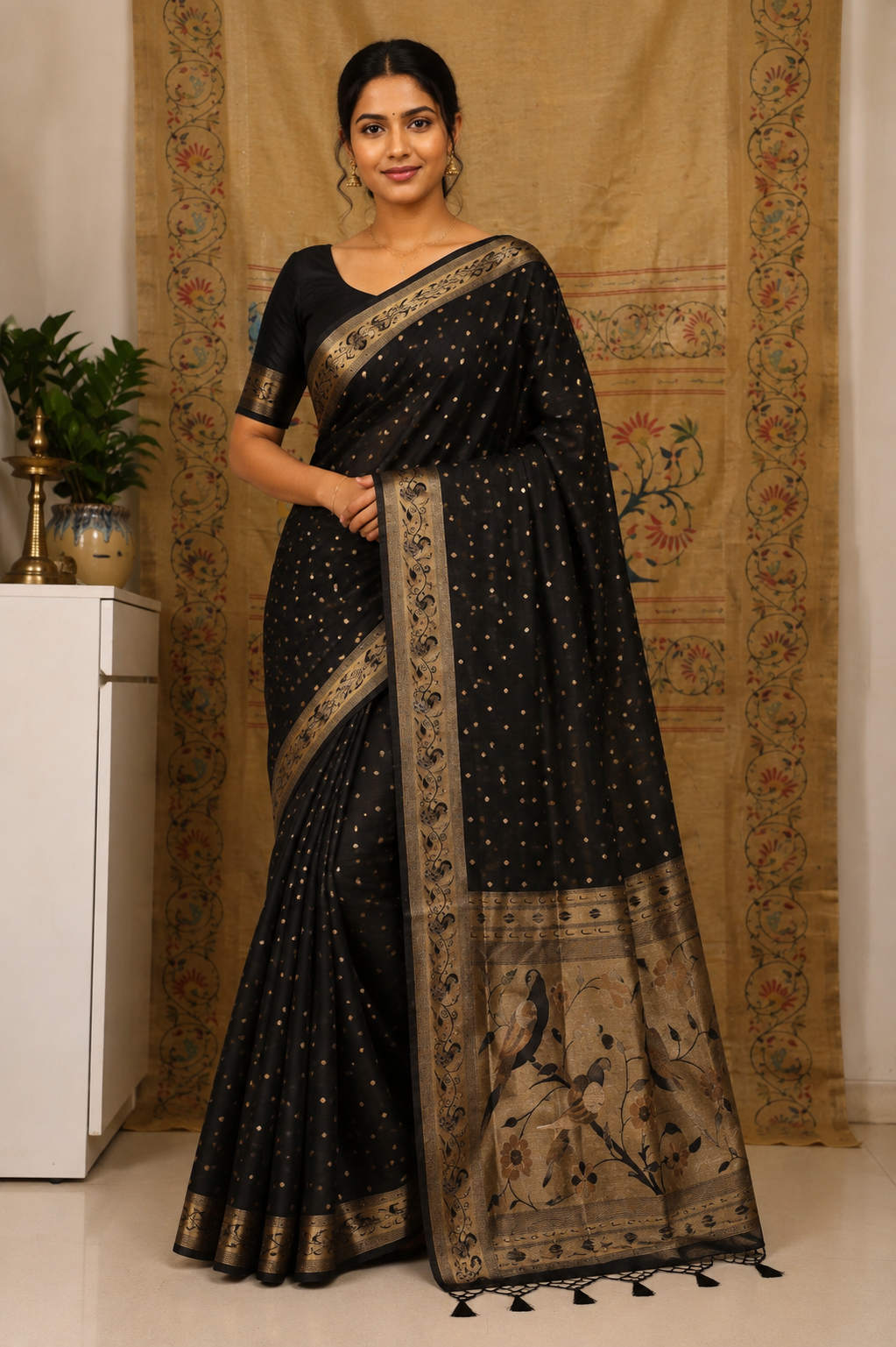 Jet Black Munga Silk Saree
