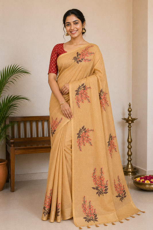 Mustard Maroon Muga Cotton Silk