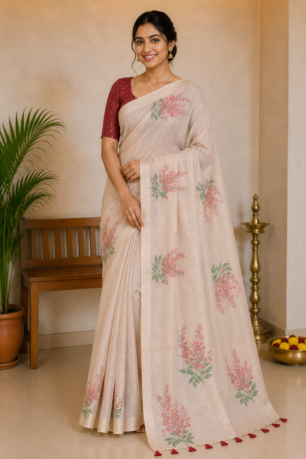 Ivory Maroon Muga Cotton Silk