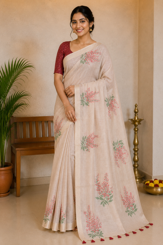 Ivory Maroon Muga Cotton Silk
