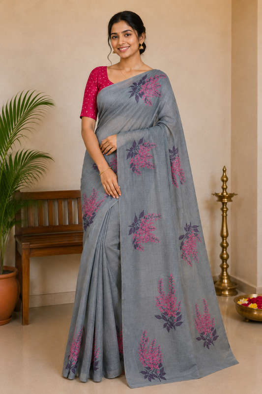 Grey Pink Muga Cotton Silk