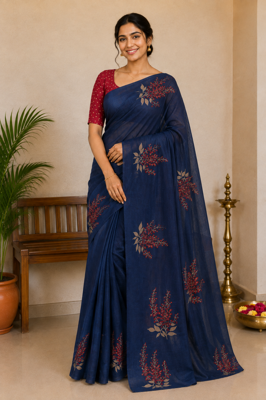 Navy Blue Maroon Muga Cotton Silk