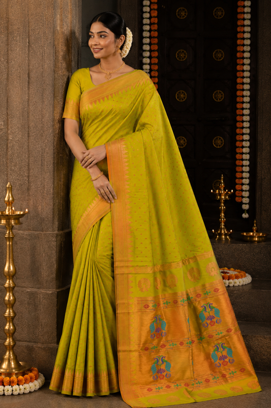 Parrot Green Temple Border Paithani