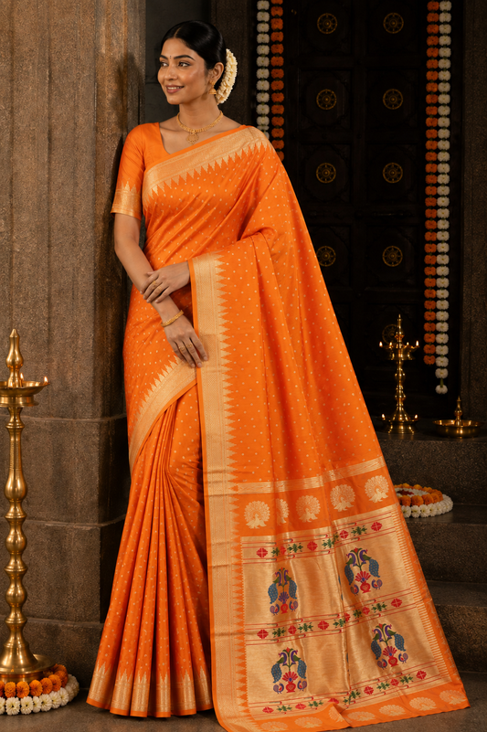 Sunset Saffron Temple Border Paithani