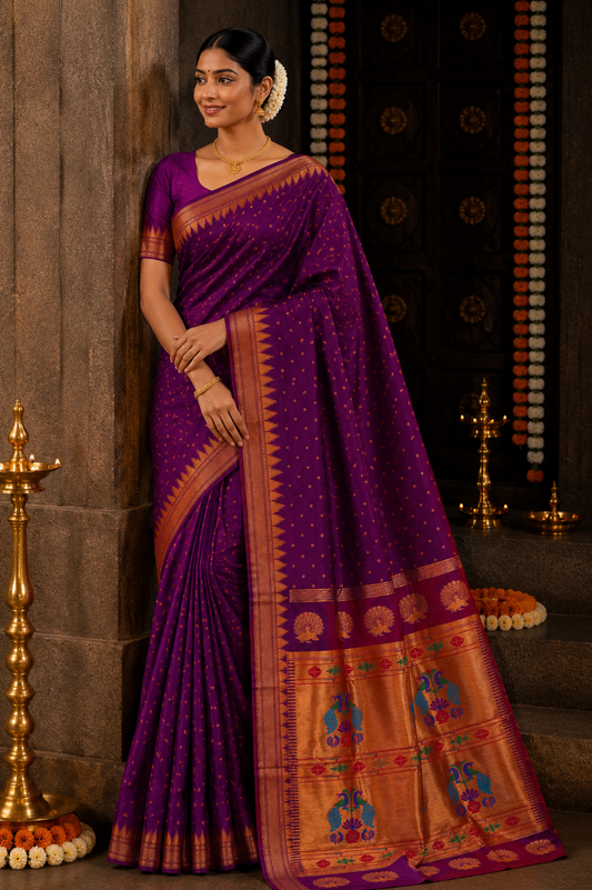 Royal Violet Temple Border Paithani