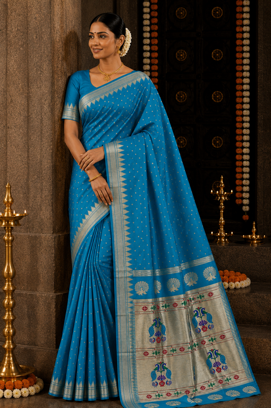 Teal Blue Temple Border Paithani