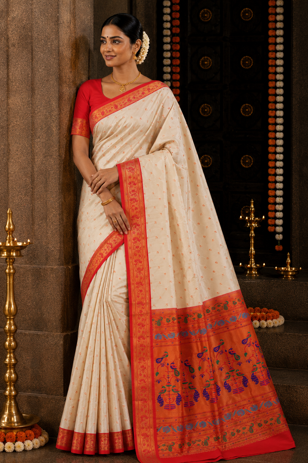 Ivory Kalanji Contrast Border Paithani