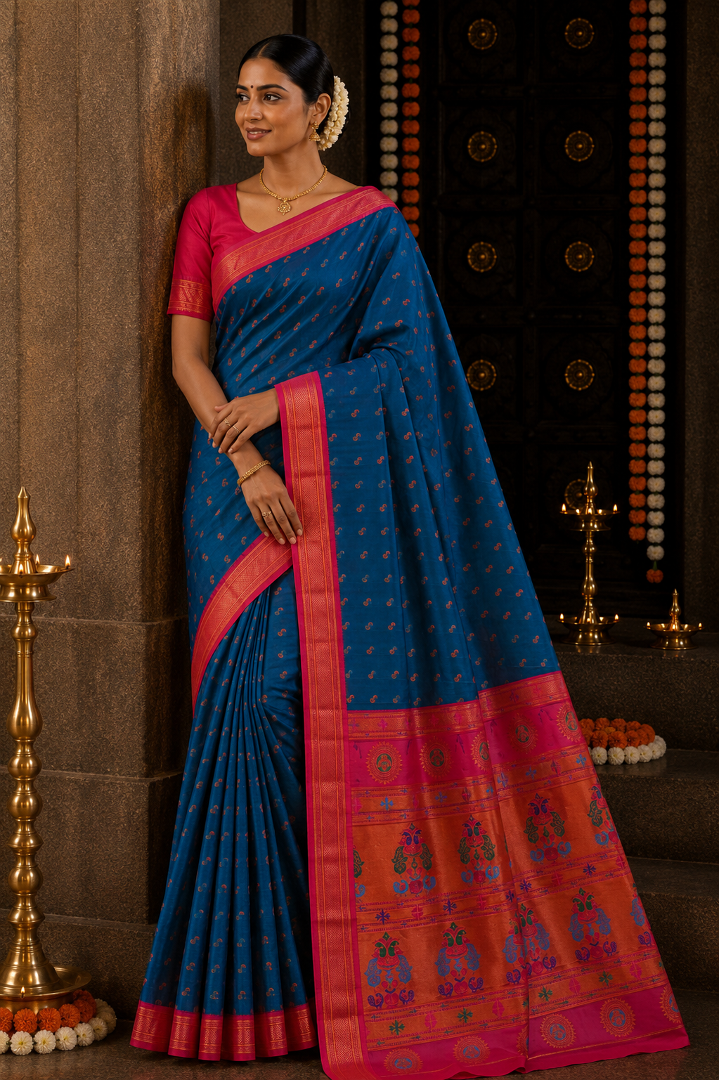 Deep Teal Kalanji Contrast Border Paithani