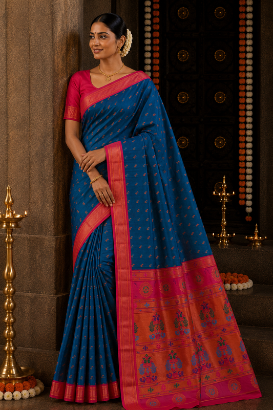 Deep Teal Kalanji Contrast Border Paithani