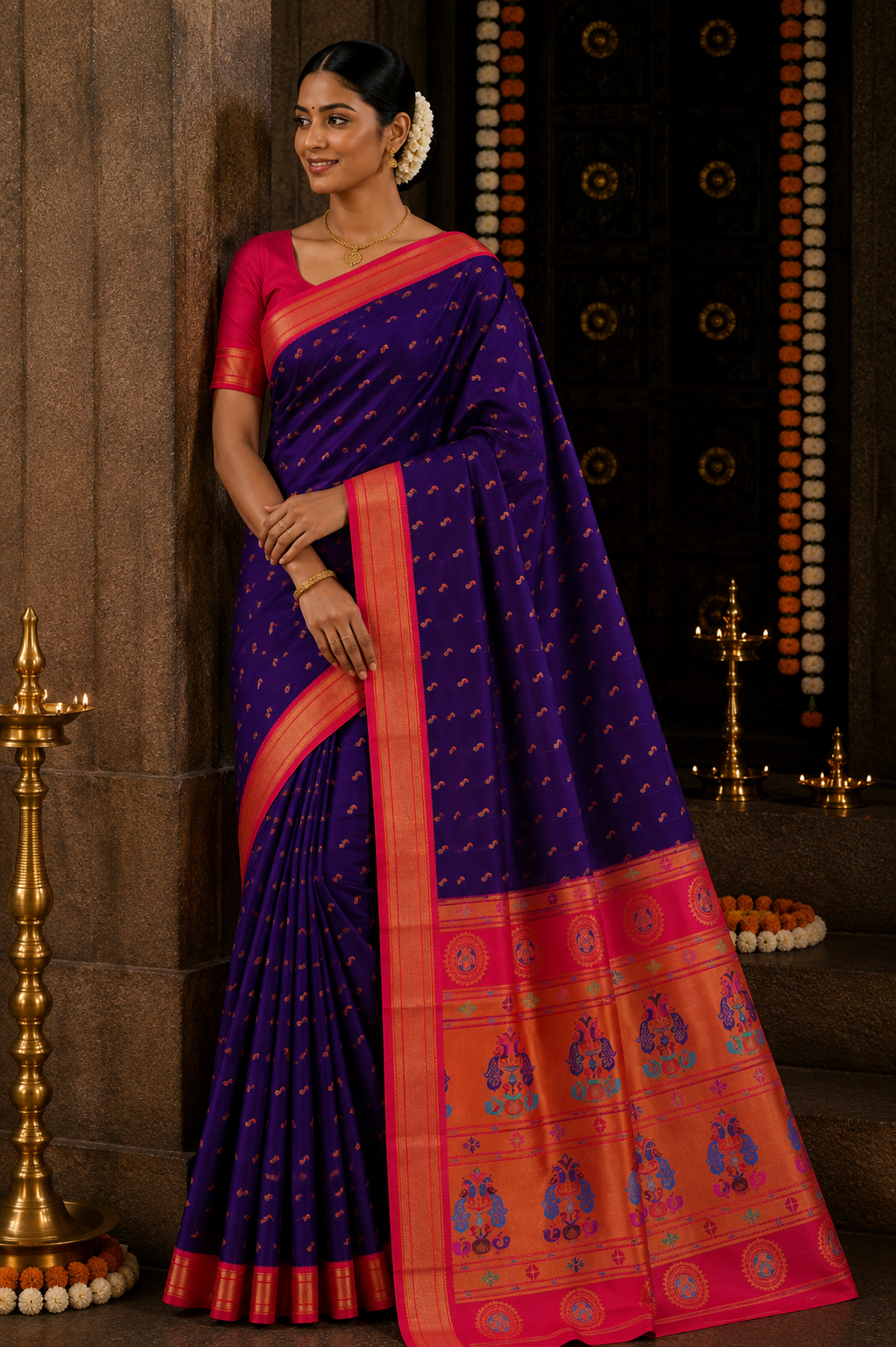 Royal Blue Kalanji Contrast Border Paithani