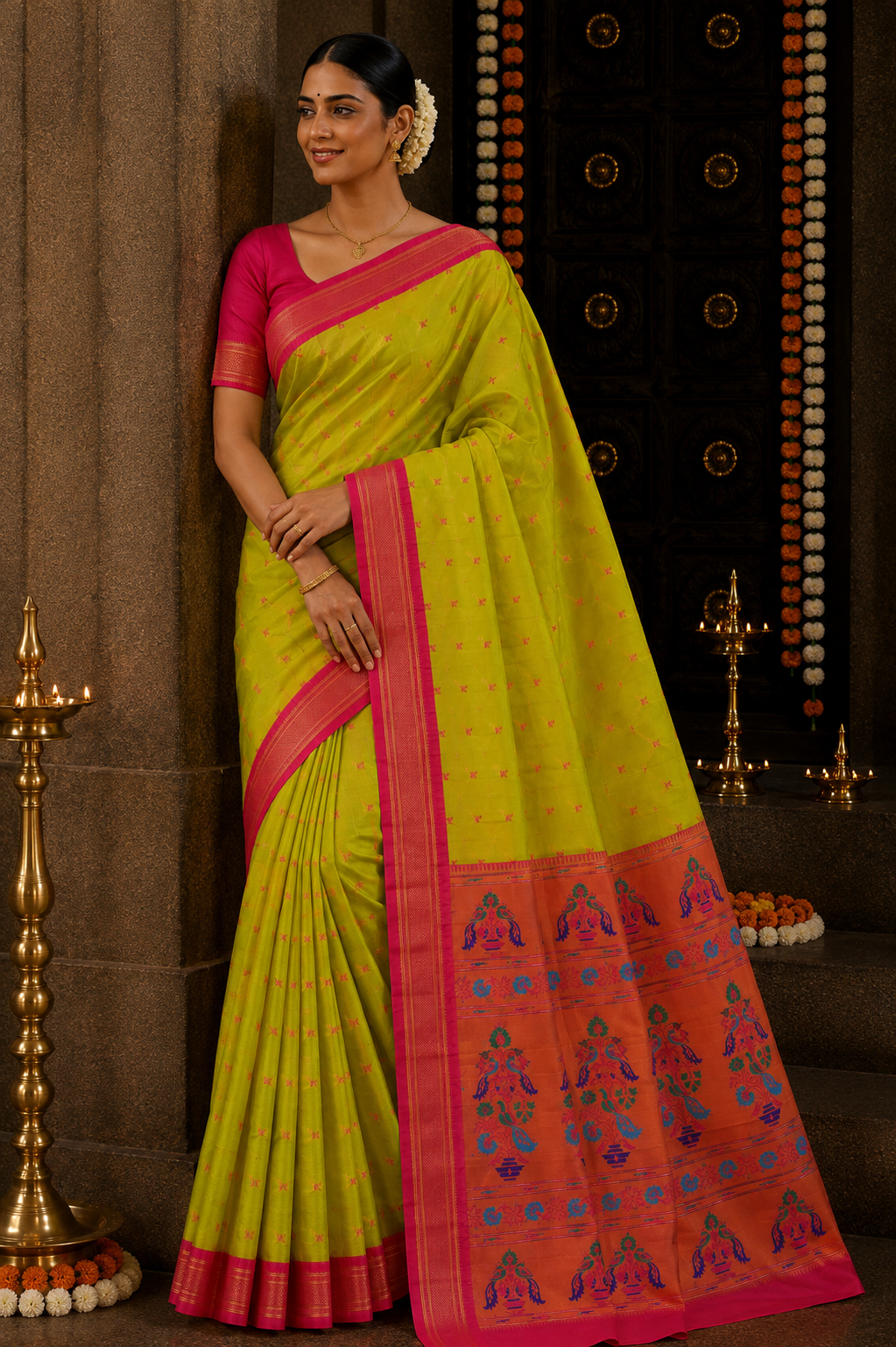 Lime Green Kalanji Contrast Border Paithani
