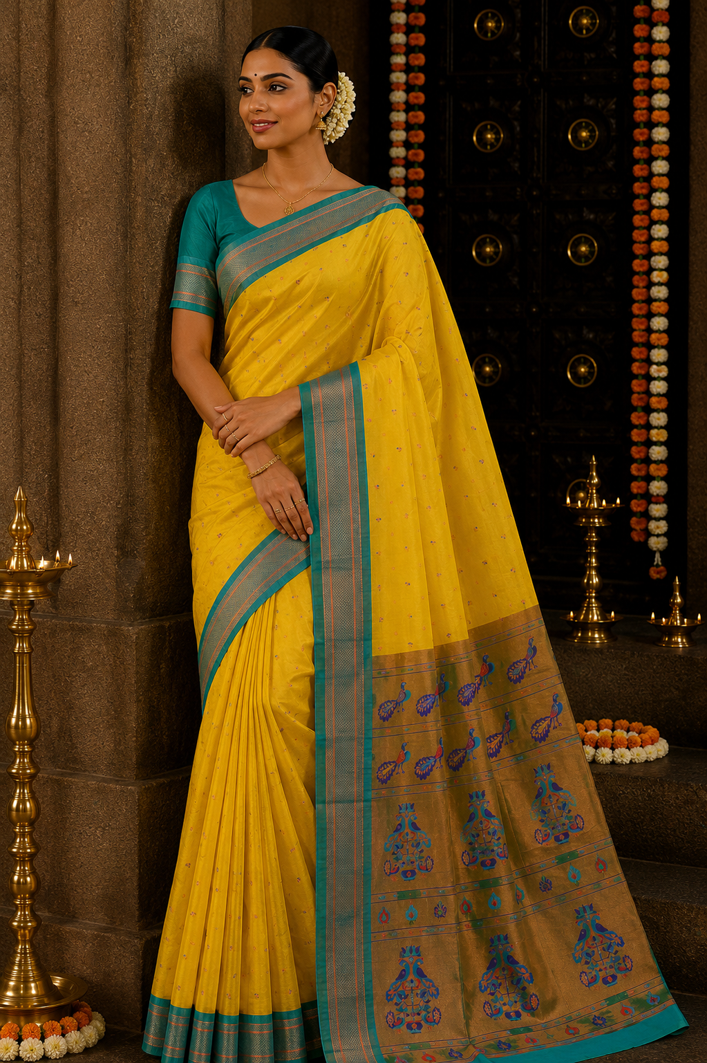 Sunshine Yellow Kalanji Contrast Border Paithani