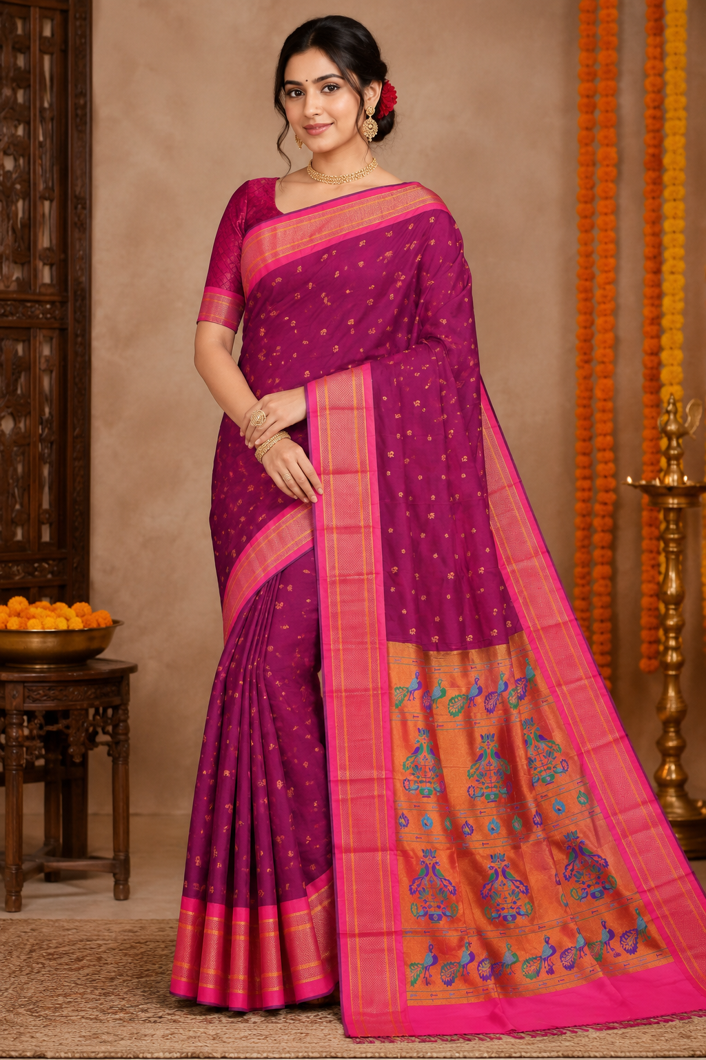 Royal Purple Kalanji Contrast Border Paithani