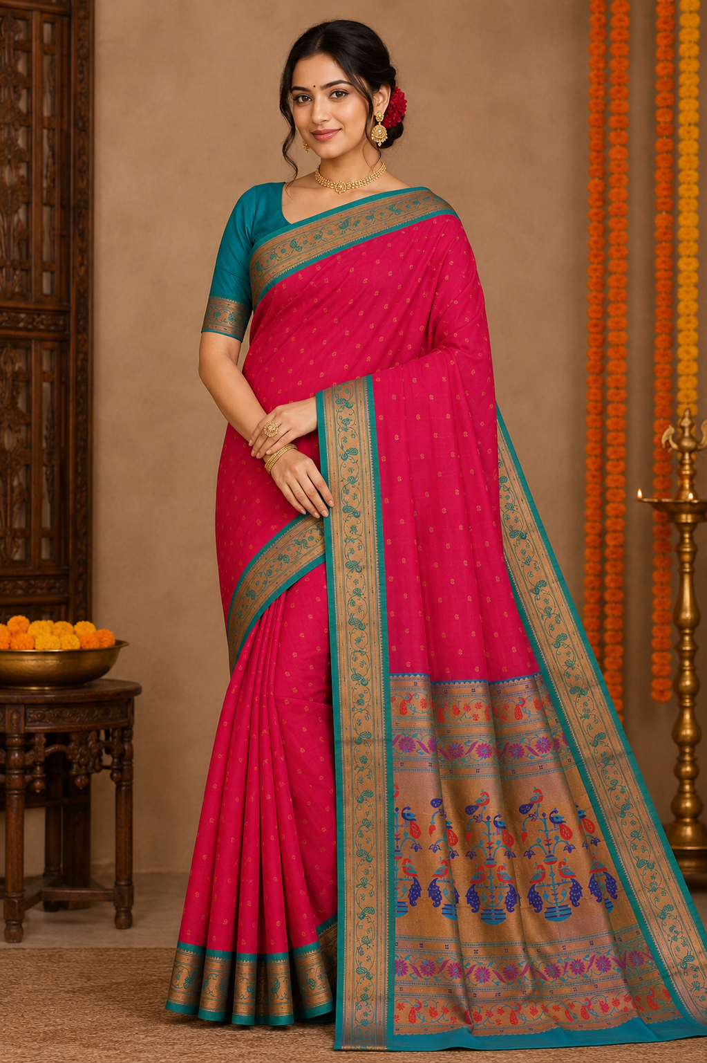 Rani Pink Kalanji Contrast Border Paithani