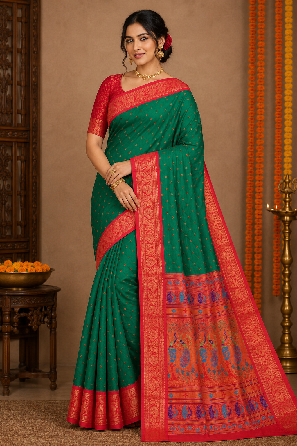 Bottle Green Kalanji Contrast Border Paithani