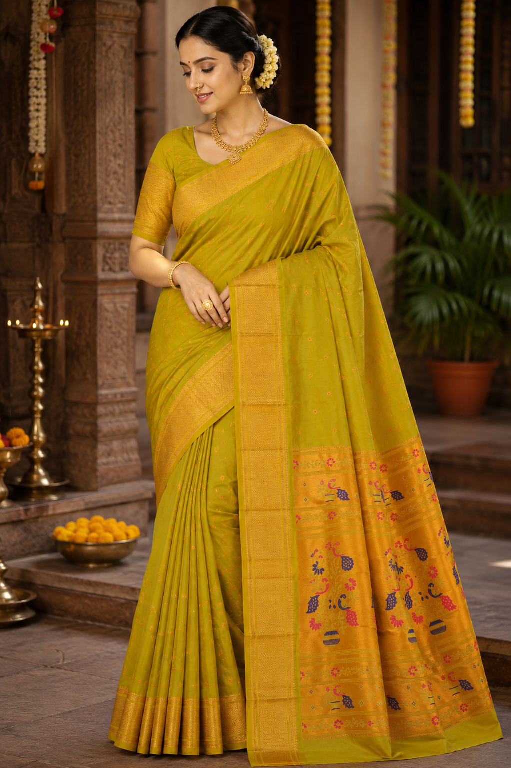 Parrot Green Kalanji Paithani