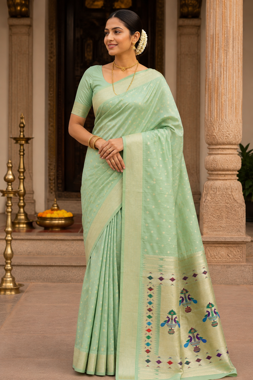 Sage Green Maharani Paithani