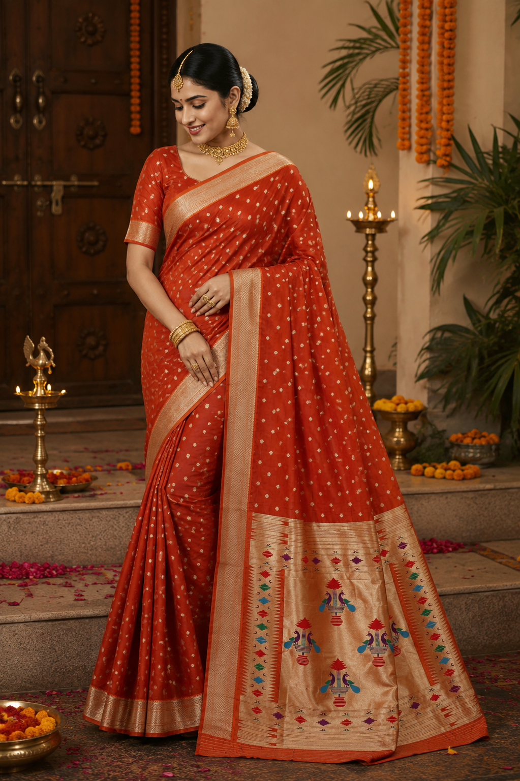 Rust Orange Maharani Paithani