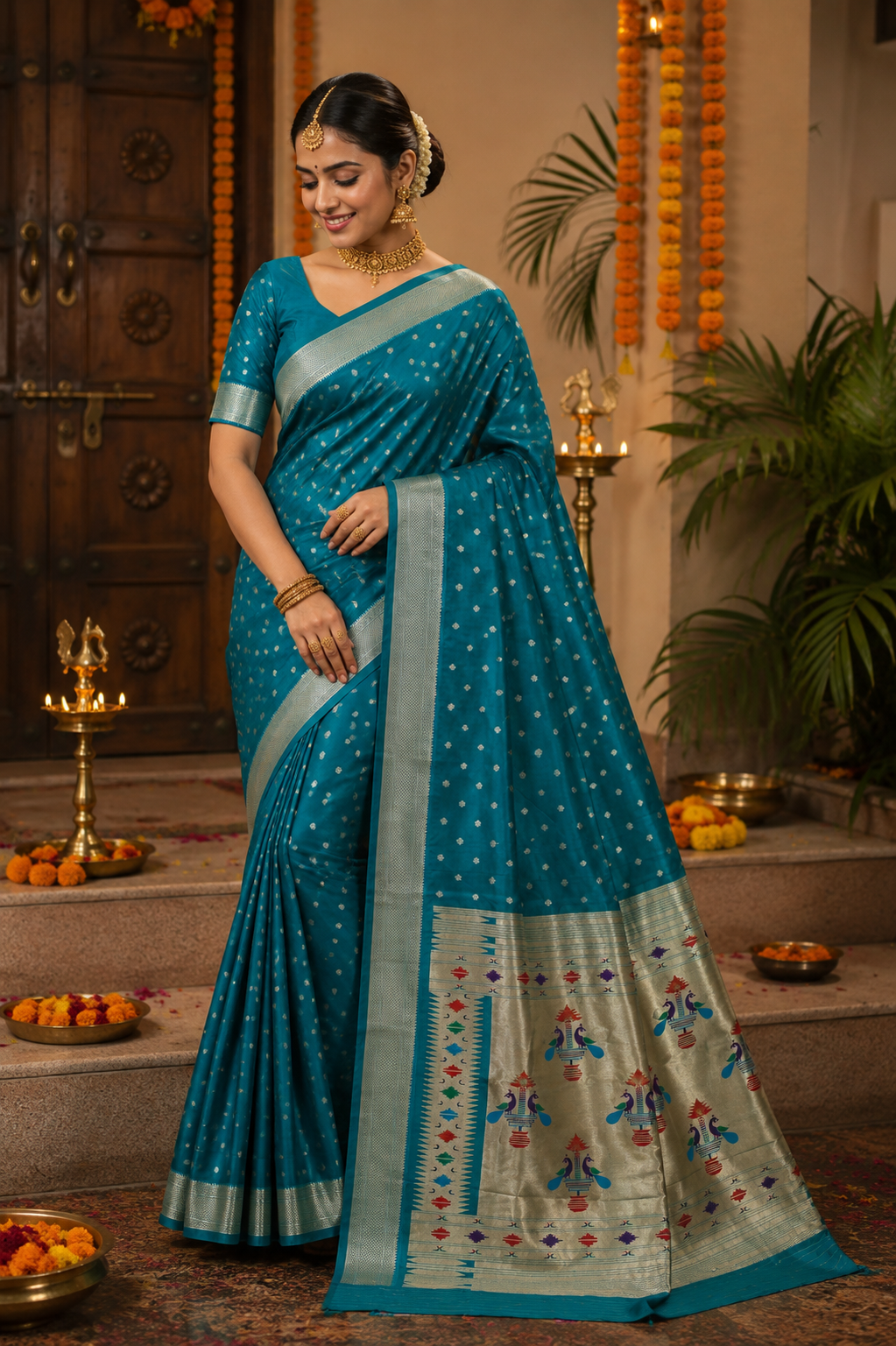 Turquoise Blue Maharani Paithani