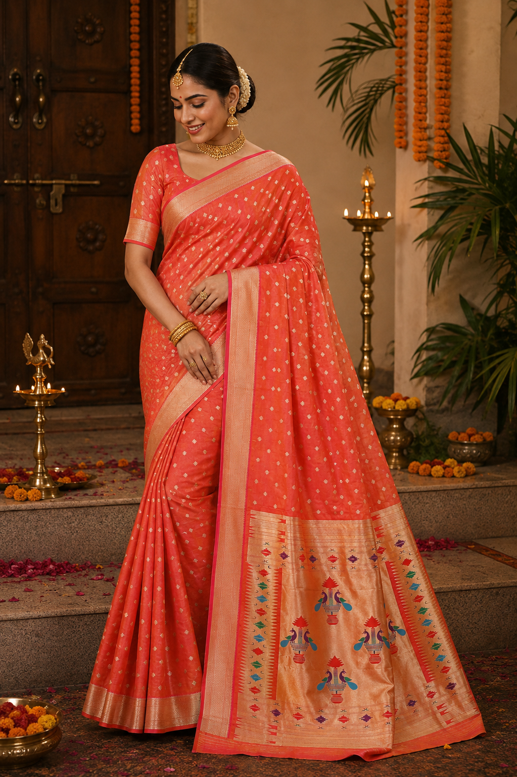 Tangerine Orange Maharani Paithani