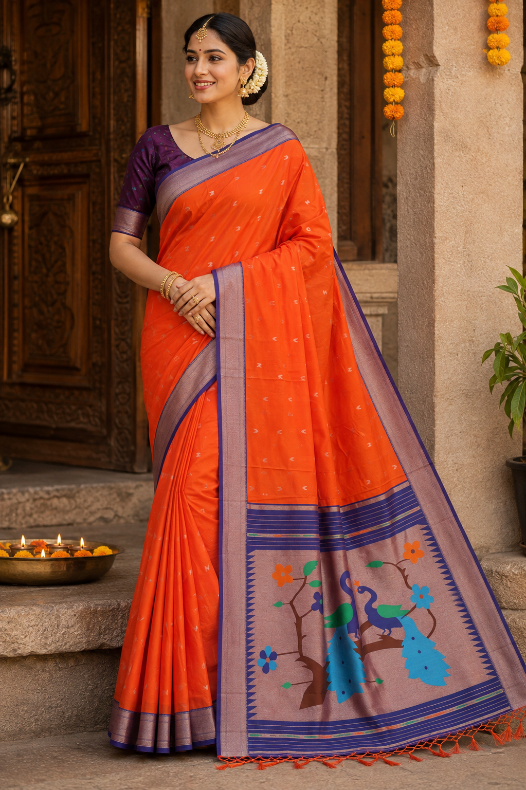 Orange Silk Blend Paithani