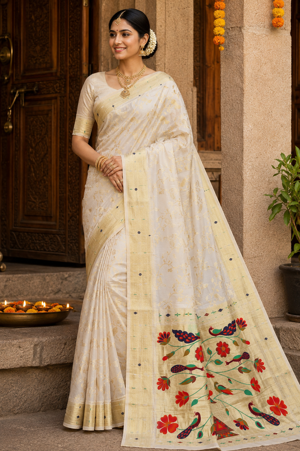 Ivory Gold Silk Blend Paithani