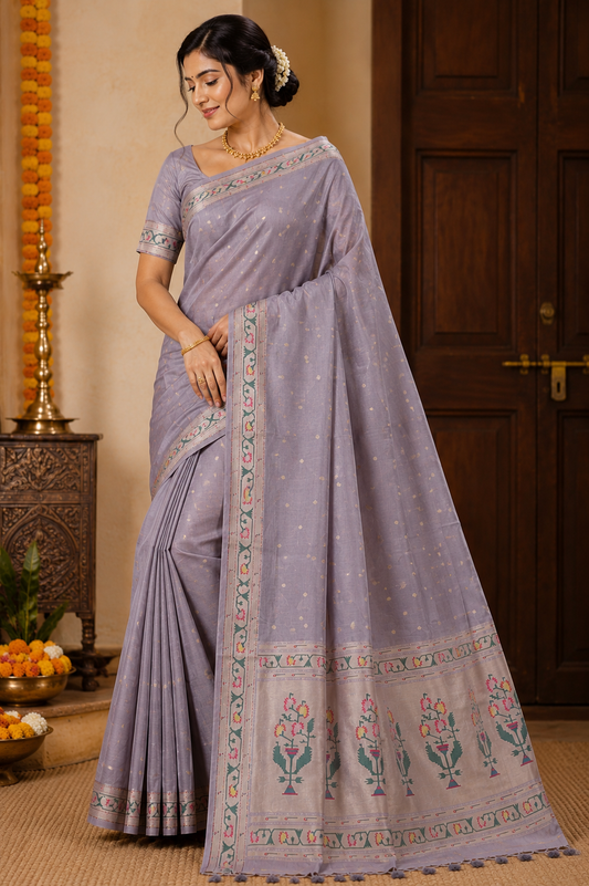Lavender Grey Tussar Silk Blend Paithani