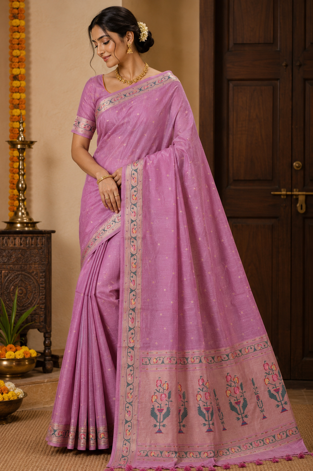 Gulabi Blush Tussar Silk Blend Paithani
