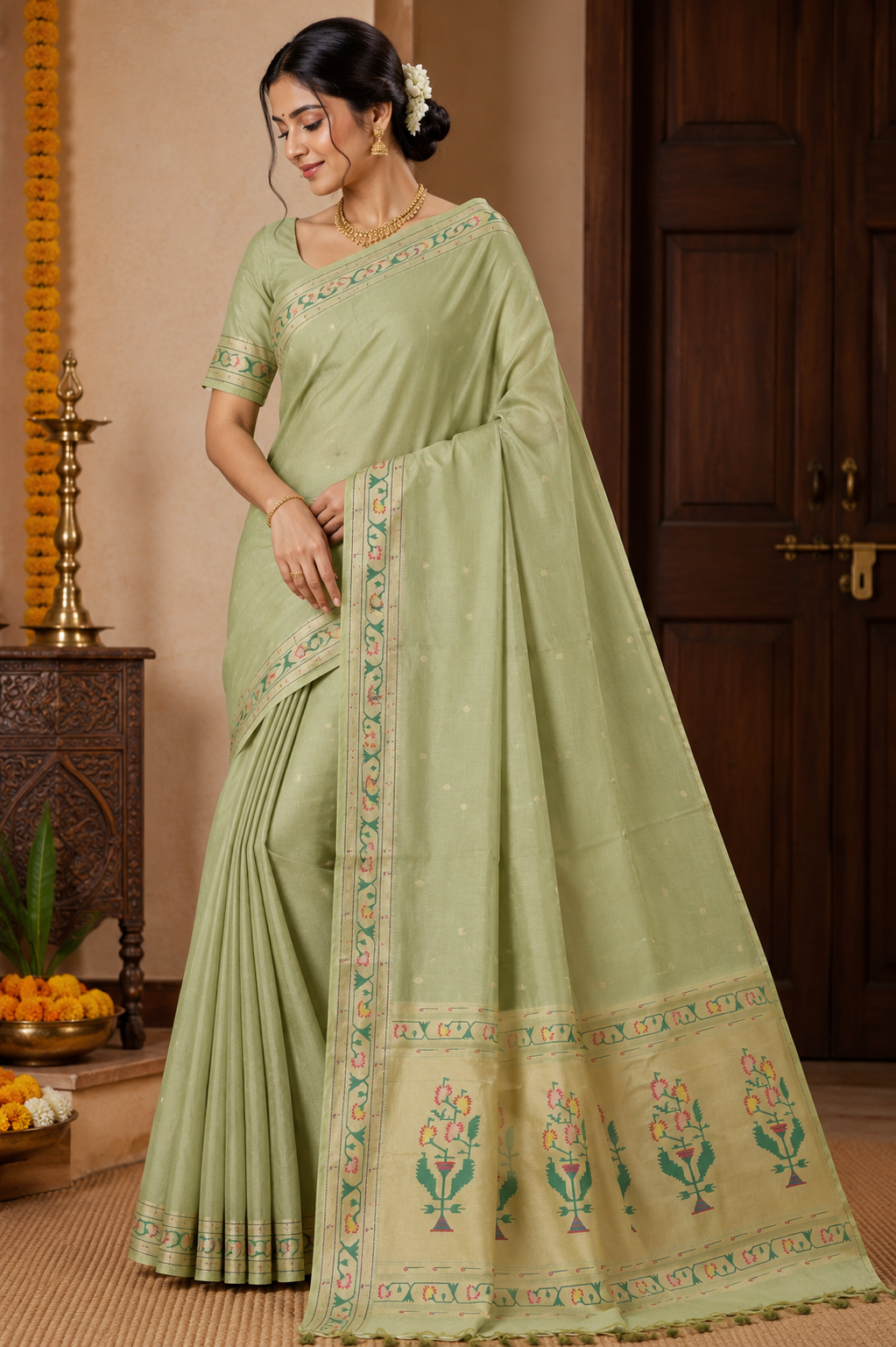 Pista Lime Tussar Silk Blend Paithani