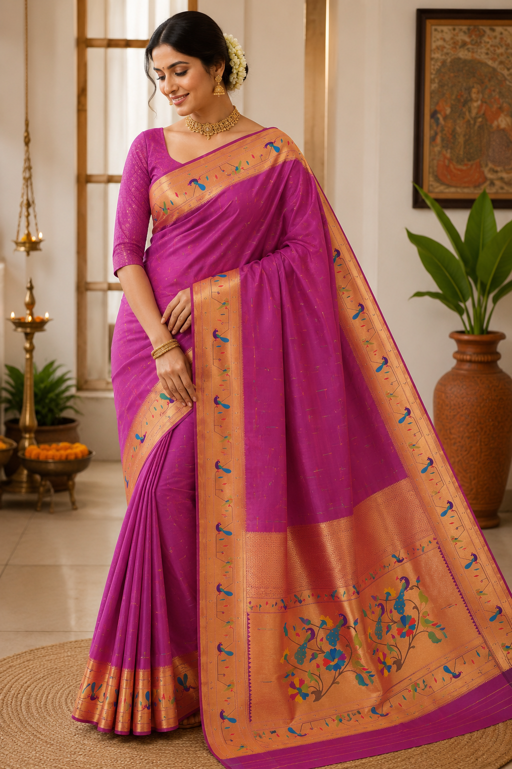 Magenta Purple Tota Maina Border Paithani