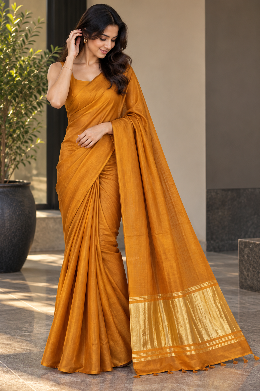 Gold Mustard Pure Modal Silk Saree