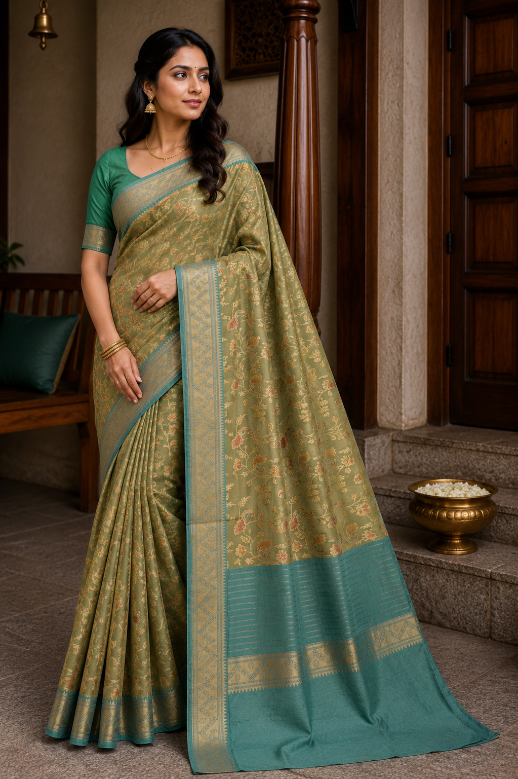 Olive Green and Teal  Peacock Brocade Paithani