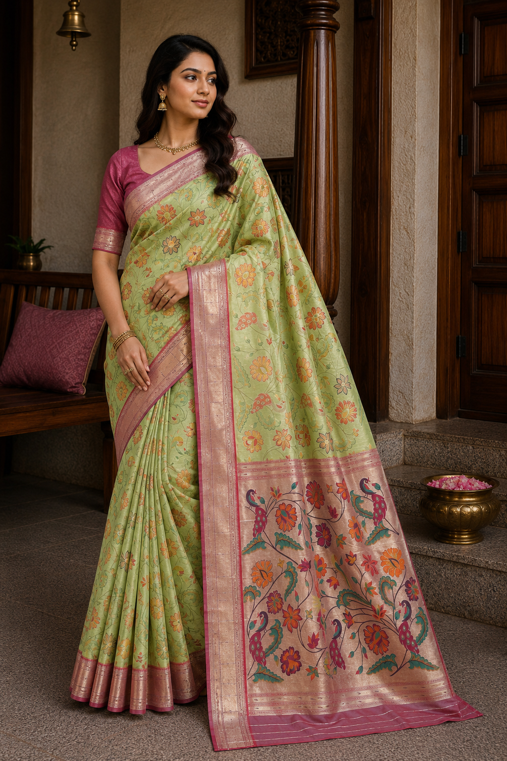 Pista Green Floral Brocade Paithani