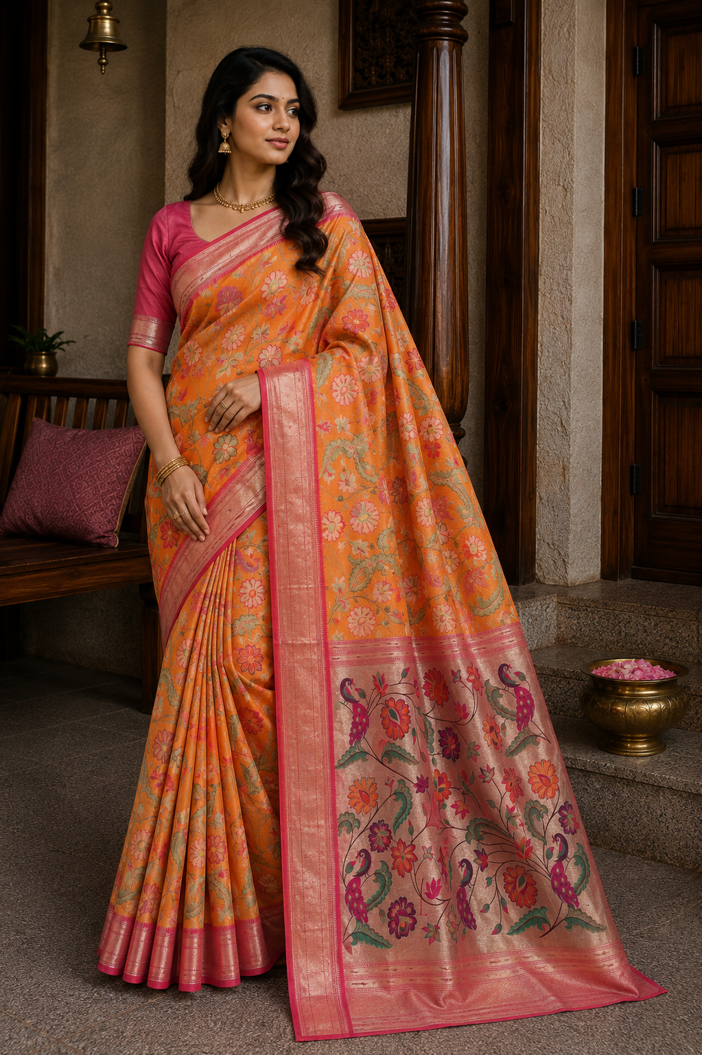 Burnt Orange Floral Brocade Paithani